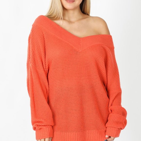 Zenana Ash Copper Oversized VNeck Waffle Sweater - Picture 5 of 5